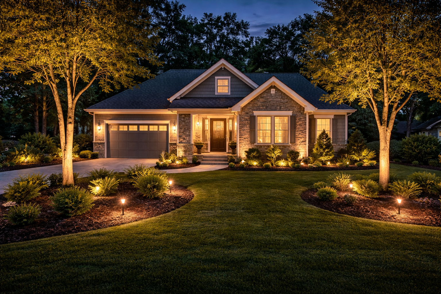 A well-lit house at night with a manicured lawn, trees, and garden beds illuminated by landscape lighting.