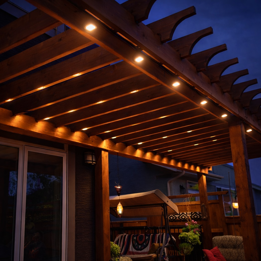 Nighttime outdoor patio with wooden pergola featuring built-in string lights, a hanging lantern, a swing with blanket, and seating area with plants.