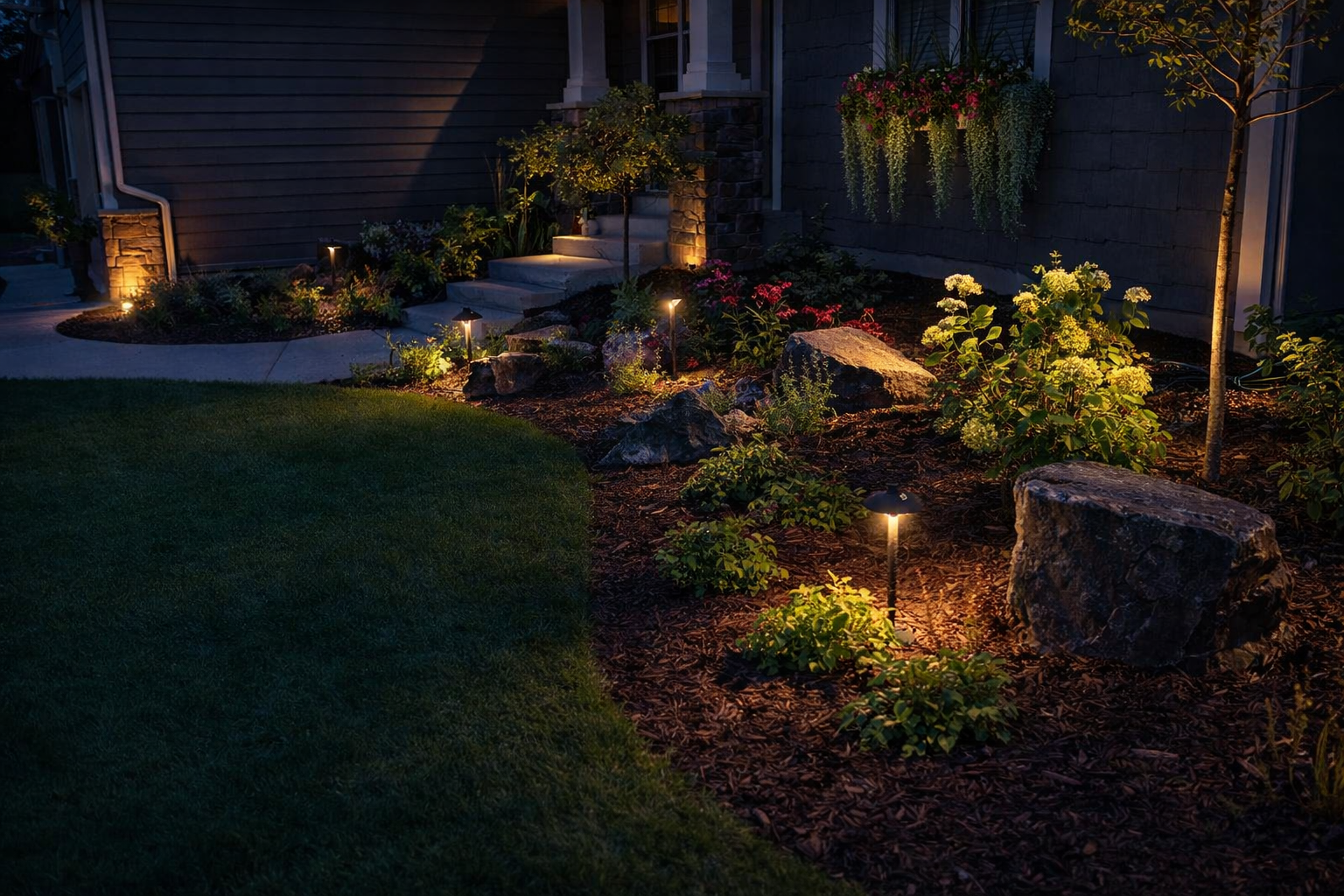 Nighttime garden with illuminated pathway lights, shrubbery, flowers, rocks, and a house with steps in the background.