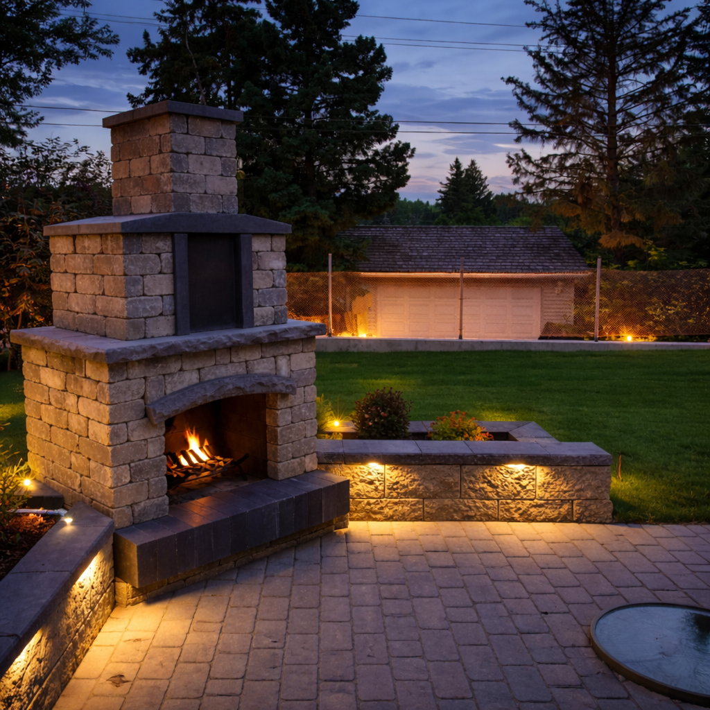 Backyard patio with a stone fireplace, lit by outdoor lights, with a grassy lawn, trees, and a small building in the background during dusk.