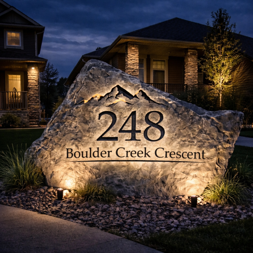 A large illuminated stone sign showing the address '248 Boulder Creek Crescent' in front of a house at night.
