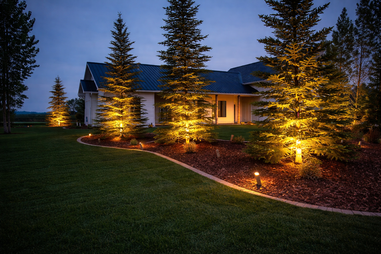 A house illuminated by landscape lighting at dusk, surrounded by pine trees with some light shining on their branches, and a well-maintained lawn with curved edging.