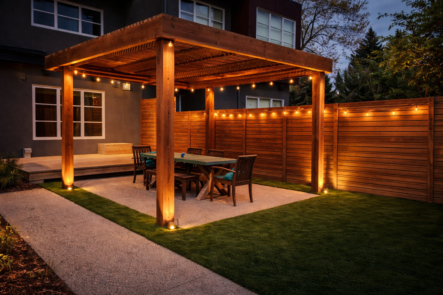 A backyard patio area with a wooden pergola with string lights, a dining table with chairs, a wooden privacy fence, and a raised deck against a dark house at dusk.