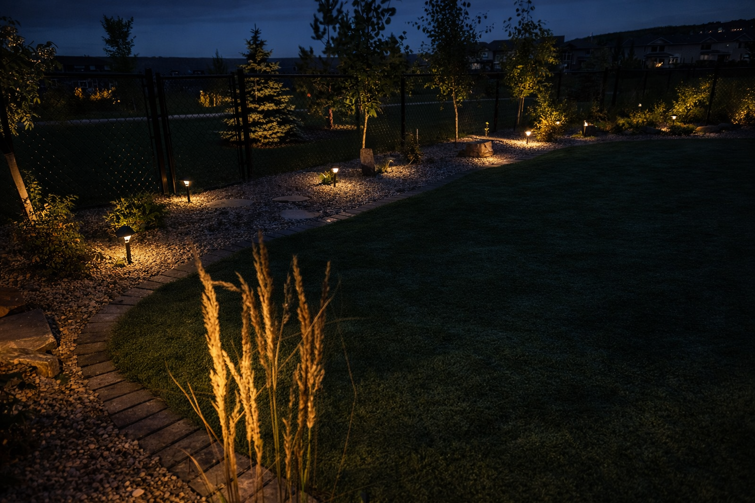 Backyard garden at night with pathway, small trees, and landscape lighting.