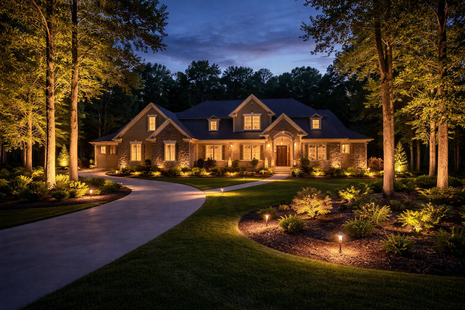 A large house illuminated at night with exterior lights, surrounded by a landscaped yard with trees, shrubs, and pathway lighting.  Franklin, TN.
