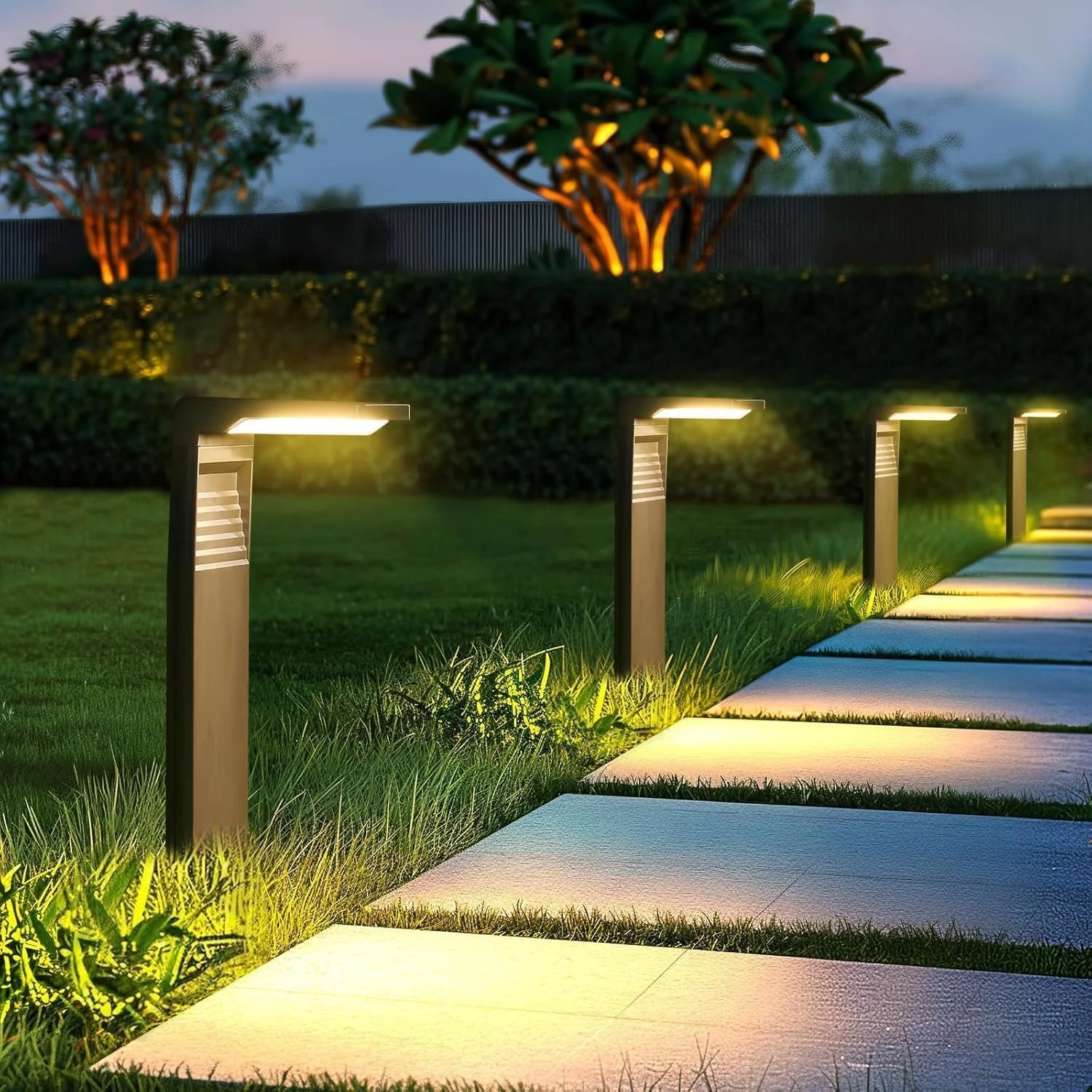 Outdoor garden pathway illuminated by modern ground lights at dusk, with neatly trimmed bushes and trees in the background.