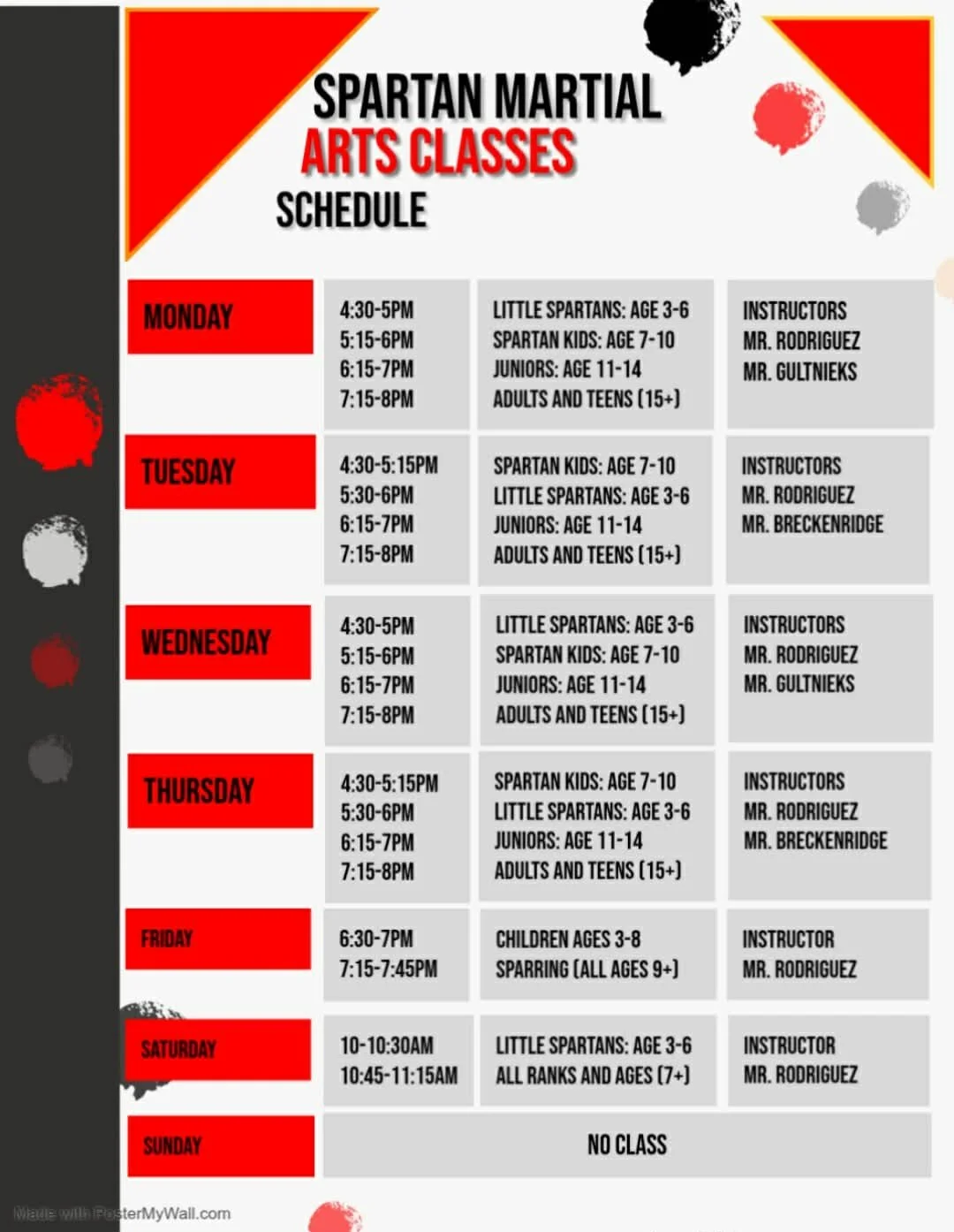 Schedule of Spartan Martial Arts Classes with times, age groups, and instructors for each day of the week.