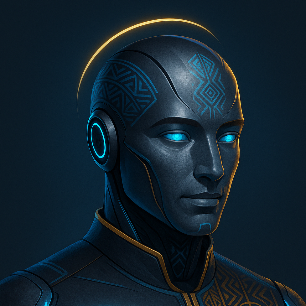 A futuristic humanoid robot with glowing blue eyes, intricate geometric patterns on its face and head, wearing a sleek black and gold suit, with a glowing halo-like circle above its head against a dark background.