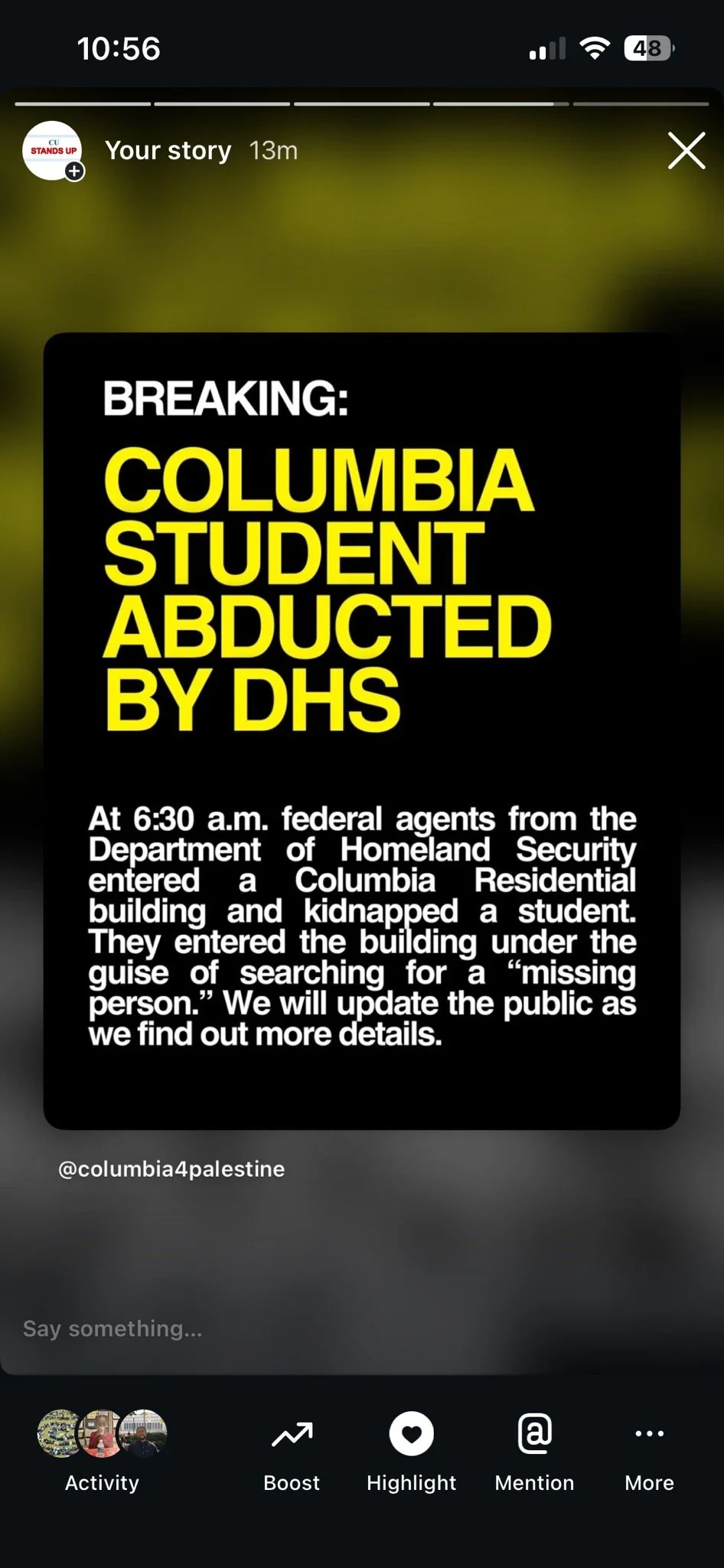 Emergency ICE Abducted another Columbia Student - All out at noon