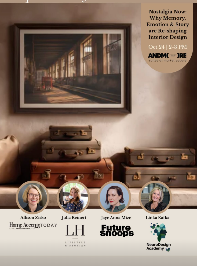 Image promoting a seminar titled 'Nostalgia Now: Why Memory, Emotion & Story are Re-shaping Interior Design' scheduled for October 24th from 2 to 3 PM. The image features a framed photograph of a sunlit interior space with large windows, and a row of vintage suitcases placed on a surface below the photograph. The bottom of the image displays headshots and names of four speakers: Allison Zisko, Julia Reinert, Jaye Anna Mize, and Linka Kafka, along with logos for Home Accents Today, LH Lifestyle Historian, Future Snoop, and NeuroDesign Academy.