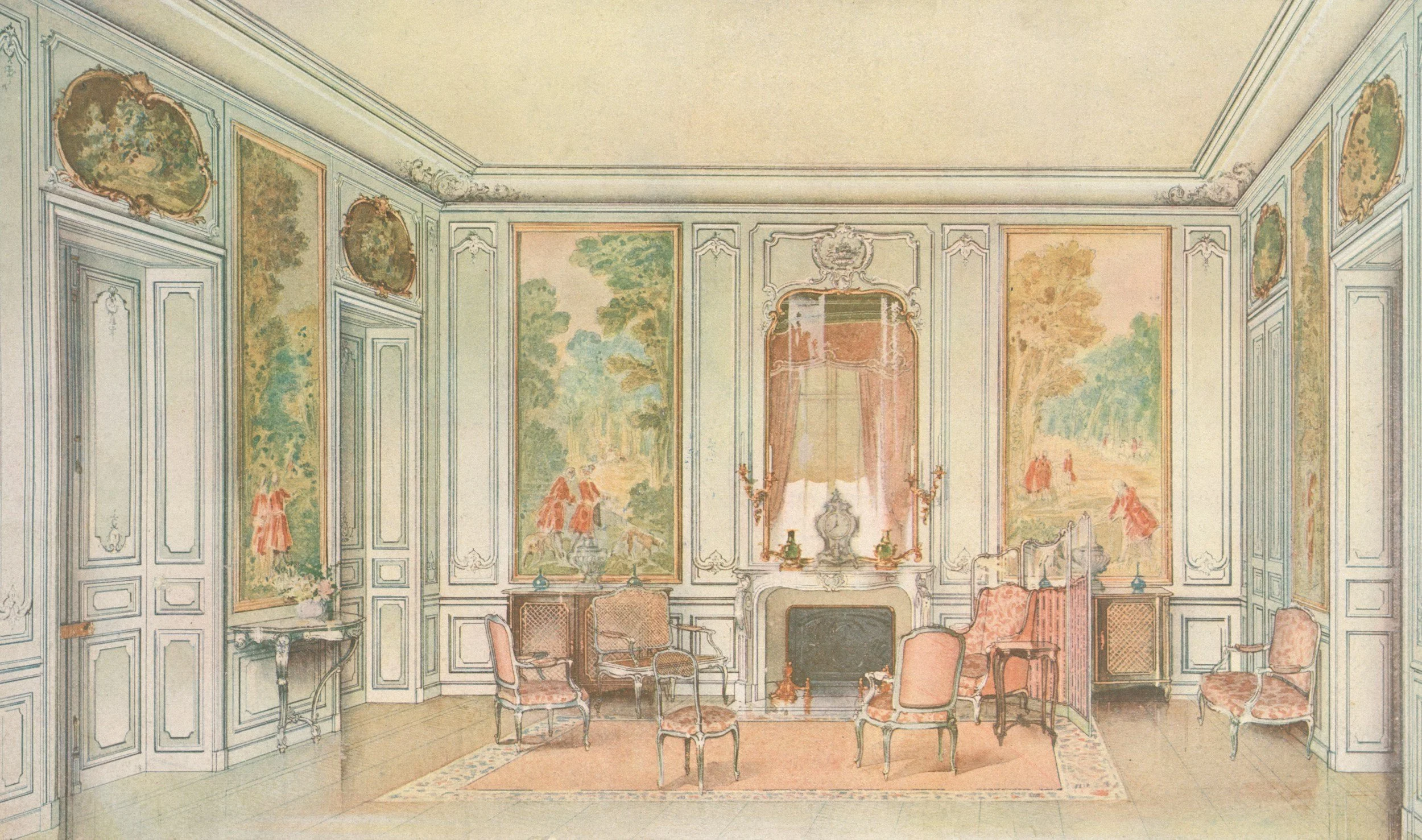 An elegant interior room with ornate wall paneling, large landscape paintings, and antique furniture including chairs, a fireplace, and a small table with decorative objects.