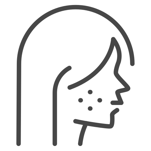 Line drawing of a woman's profile with dots on her face, indicating skin irritation or acne.