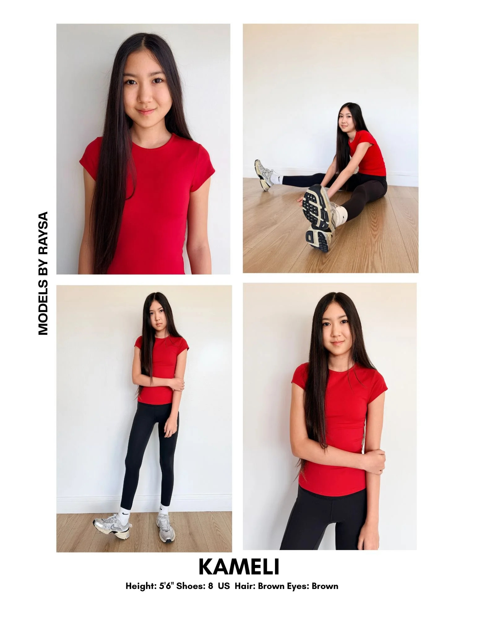 A collage of four photos of a young woman with long brown hair, wearing a red shirt. In the top left photo, she is smiling and looking at the camera against a white background. In the top right photo, she is sitting on a wooden floor, stretching her legs, wearing athletic shoes. In the bottom left photo, she is standing with her arms crossed, looking serious. In the bottom right photo, she is smiling softly, looking at the camera. The collage includes text indicating her name is Kameli, height 5'6", shoe size 8 US, brown hair, and brown eyes.