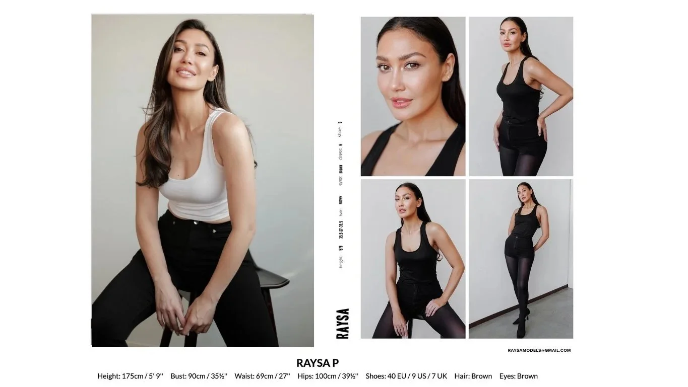 Composite of a model named Raysa, featuring her full-body portrait and close-up shots, dressed in black and white clothing. The image includes her measurements and contact information.
