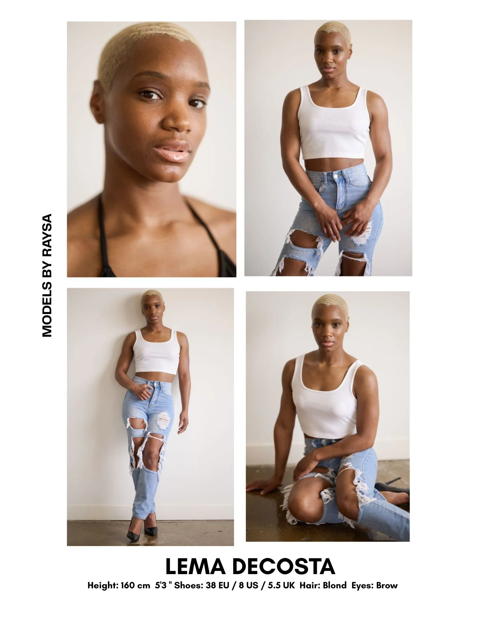 A modeling portfolio featuring four images of Lema Decosta, a woman with blond hair and brown eyes. The images show her in various poses wearing casual clothing, including a tank top and ripped jeans, with her height listed as 160 cm, shoe size 38 EU, 8 US, 5.5 UK, and hair blonde with brown eyes.
