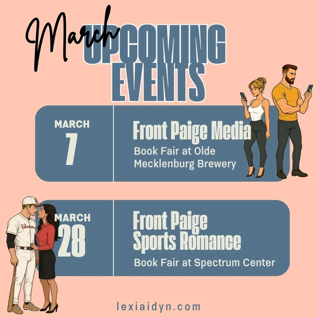 Where are my Charlotte Book Besties? 
I&rsquo;ll be out and about twice this month and I would LOVE to see your faces in real life.

📍 March 7
Front Paige Media Book Fair
Olde Mecklenburg Brewery

⚾️ March 28
Front Paige Sports Romance Book Fair
Spe