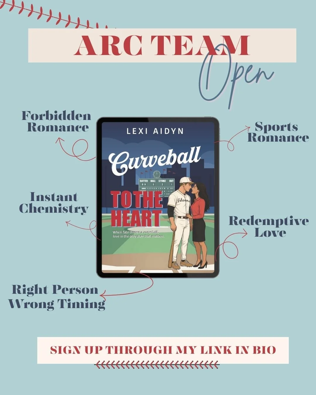 ⚾️ ARC READERS WANTED ⚾️

Tell me this isn&rsquo;t your kryptonite:

✨ Forbidden romance
⚾️ Pro baseball hero
🔥 Instant chemistry
💔 Right person, wrong timing
❤️ A man who has to earn her back
🌍 Long-distance tension
💍 A grand gesture that change