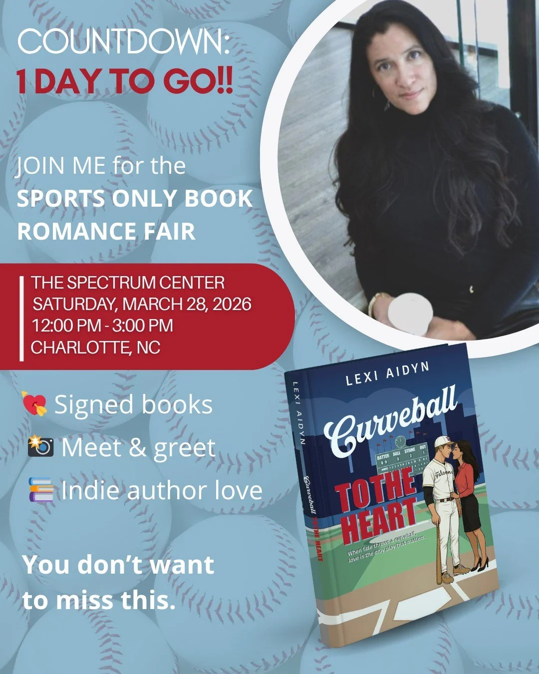 ONE DAY! 

Tomorrow we're at Spectrum Center for the Front Paige Media Sports Romance Only Book Fair and I am so ready. If you're coming out, come find me! Signed books, good vibes, and all the romance reader energy.

Who's going to be there? I canno