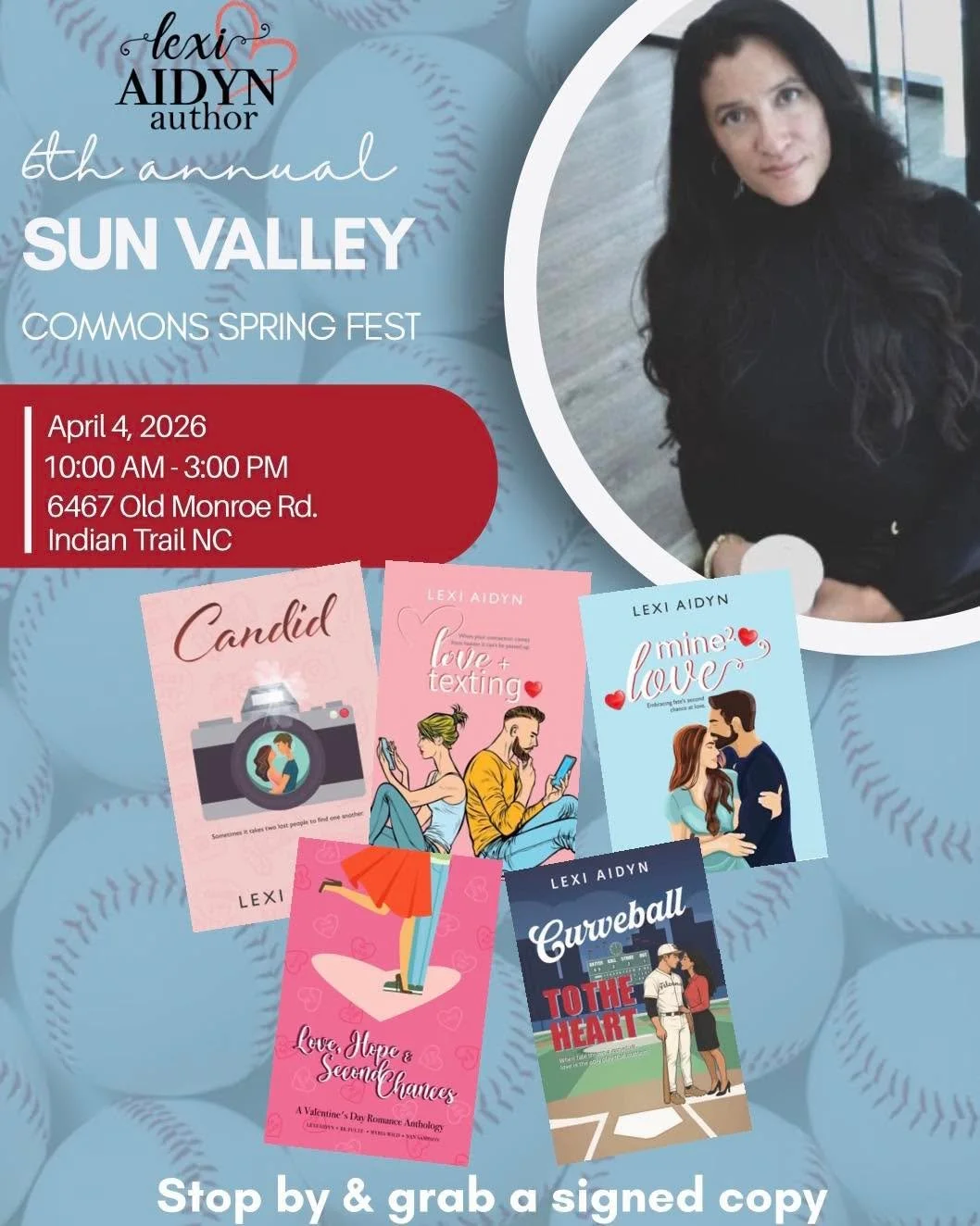 Spring is here and so am I! 🌸 Come find me this Saturday at the 6th Annual Sun Valley Commons Spring Fest in Indian Trail, NC. I&rsquo;ll be there from 10am&ndash;3pm with signed copies of all my books &mdash; including my brand new release, Curveba