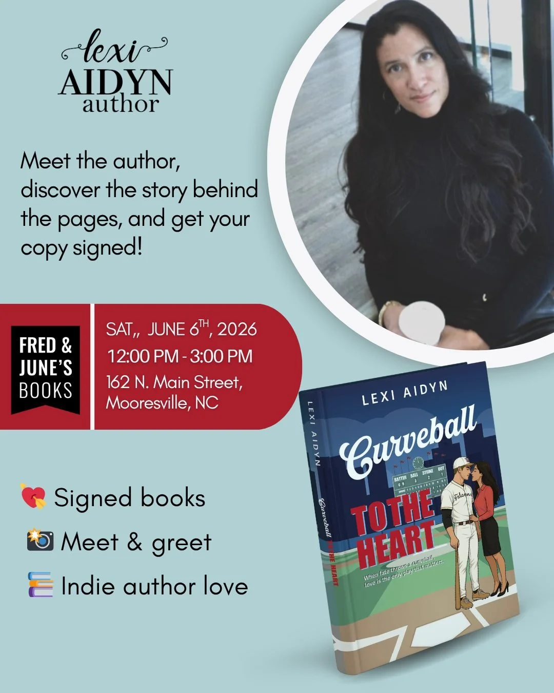 Mark your calendars, friends!

I'll be signing books at @fredandjunes  in Mooresville on June 6th, and I cannot wait! Fred &amp; June's is one of my favorite bookstores, and getting to spend a day there with you all is just the cherry on top.

Come s
