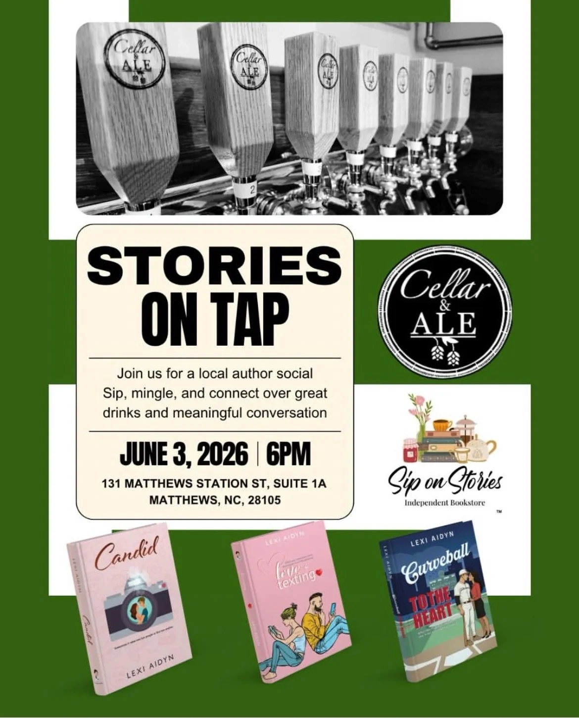 Two chances to hang out with me (and Beau &amp; Bianca!) this week.

If you&rsquo;ve been wanting a signed copy of Curveball to the Heart, this is your sign.

MONDAY, JUNE 3 &ndash; STORIES ON TAP 
Sip, chat books, and talk all things romance at Cell