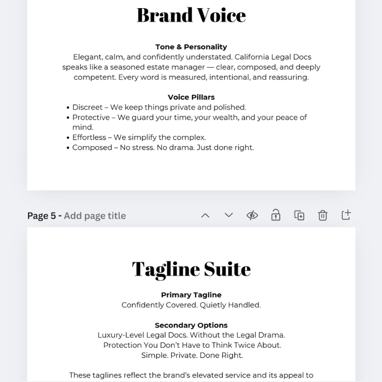 The foundation of the brand’s written identity: tone, tagline, and core messaging pillars. Developed to reinforce trust, professionalism, and client-centered communication across platforms.
