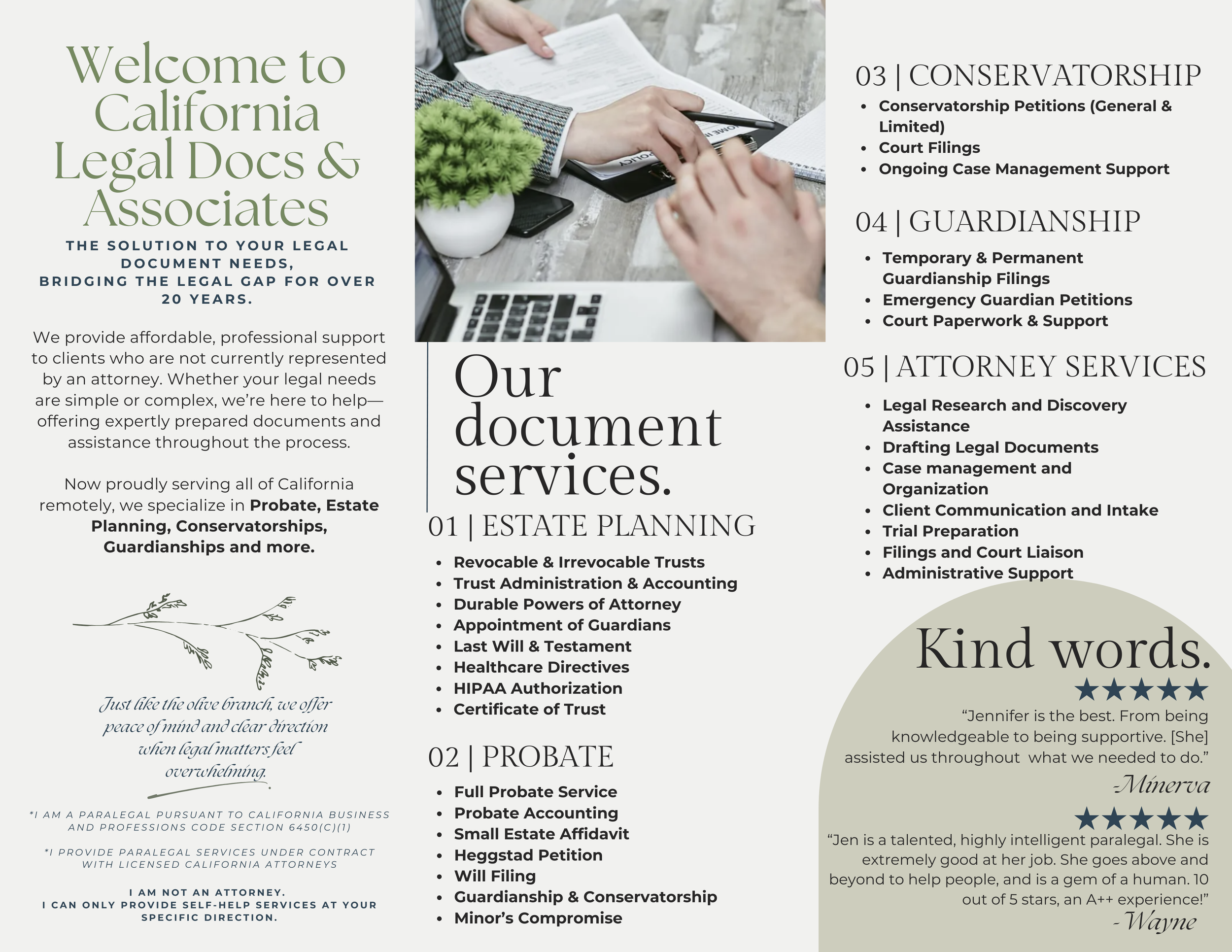 A tri-fold brochure design integrating lifestyle photography, service overviews, and approachable messaging — bridging the gap between legal precision and human connection.