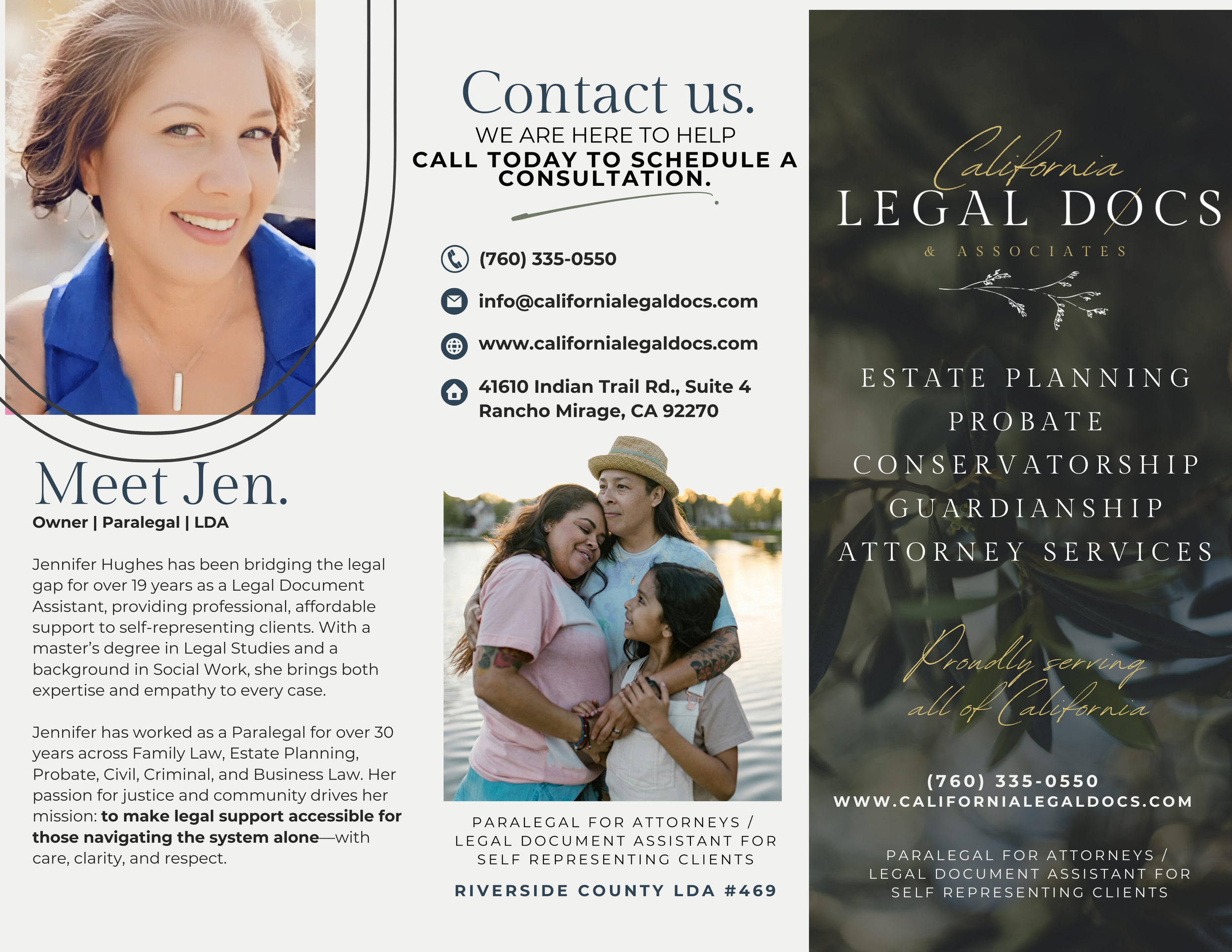 A tri-fold brochure design integrating lifestyle photography, service overviews, and approachable messaging — bridging the gap between legal precision and human connection.