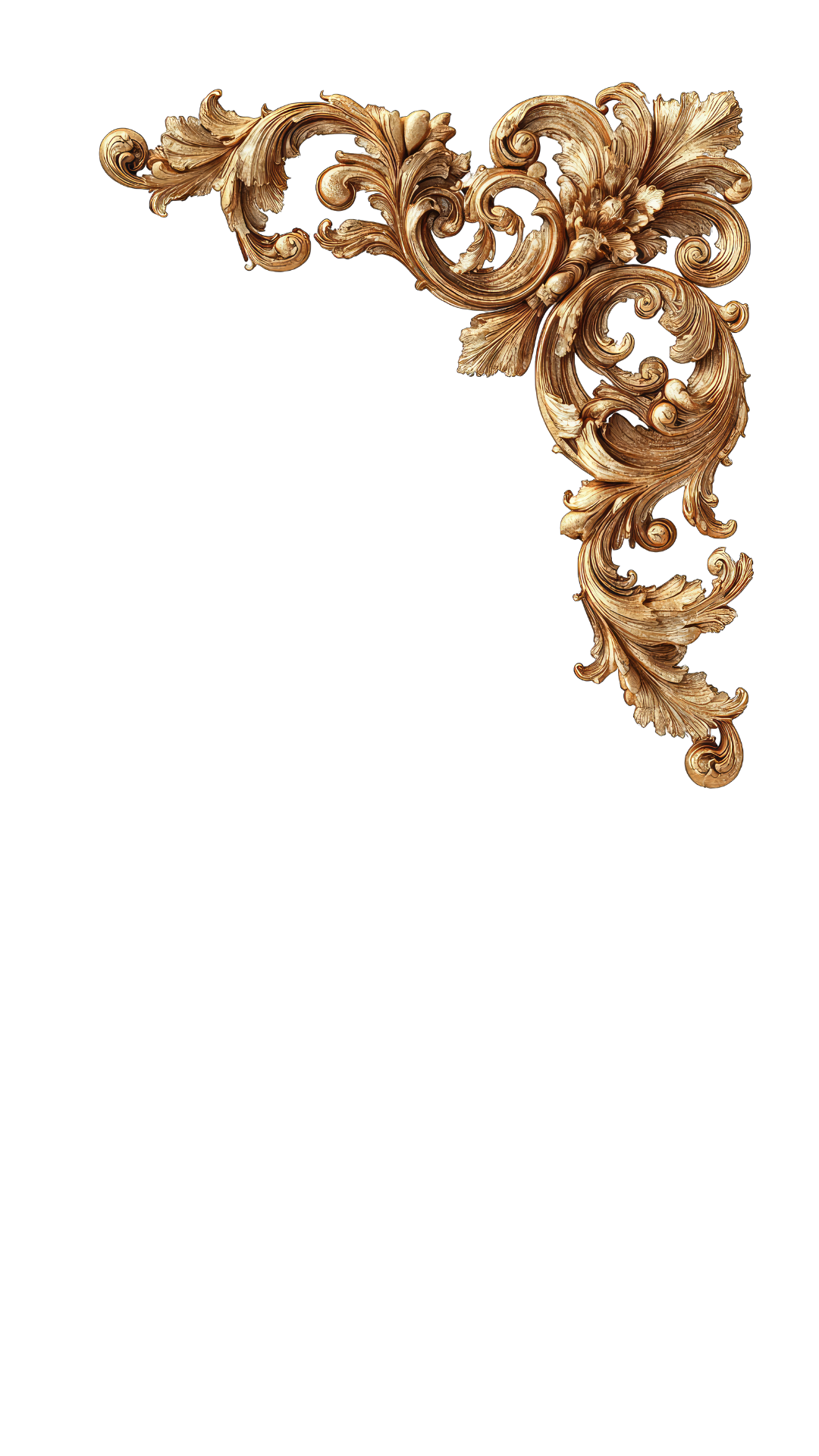 Close-up of an ornate gold decorative corner with intricate scrollwork and leaf motifs on a black background.