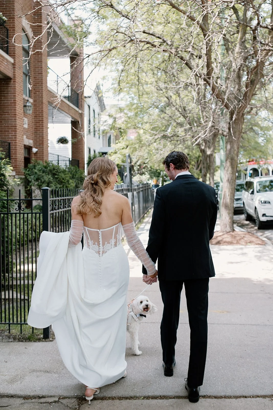 A bride and groom walking hand in hand with a dog on a city sidewalk, seen from behind. The bride is in a white wedding dress and the groom in a black suit, with trees and parked cars along the street.