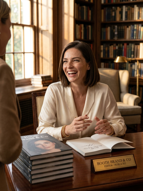 A woman with shoulder-length dark hair smiling and talking to someone across a wooden desk in a cozy library or bookstore, with bookshelves in the background and a stack of books on the desk.