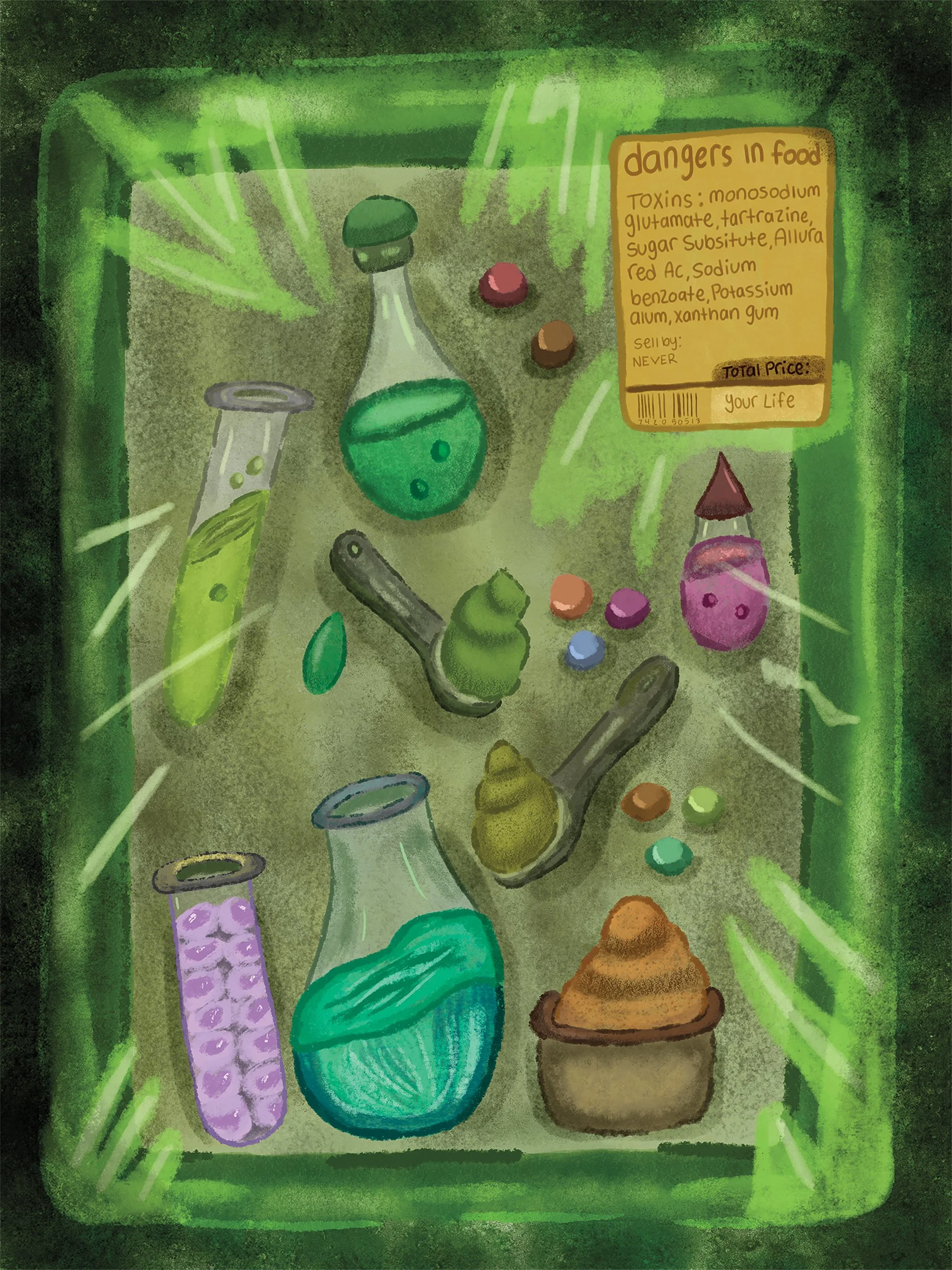 Illustration of toxic substances in laboratory glassware and chemicals with a warning label listing food dangers, such as toxins, harmful additives, and preservatives, with a green glowing background.