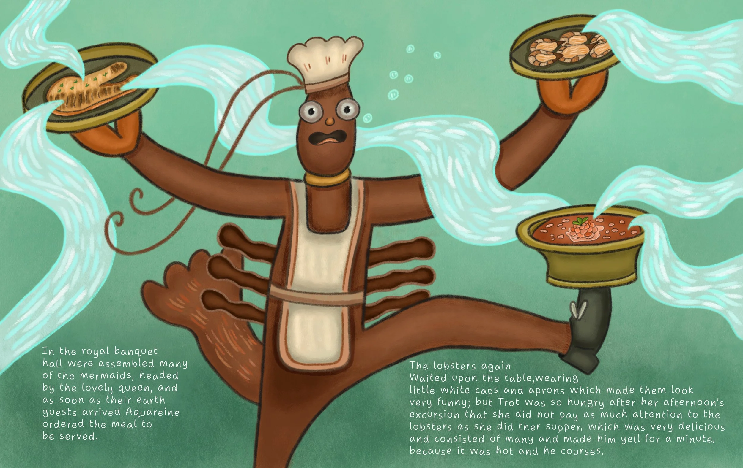 A lobster dressed as a chef holding three trays of food, with flowing water around it. The lobster has multiple arms and a surprised expression, wearing a chef's hat and apron. There is a green background with a story written in white text about a ro