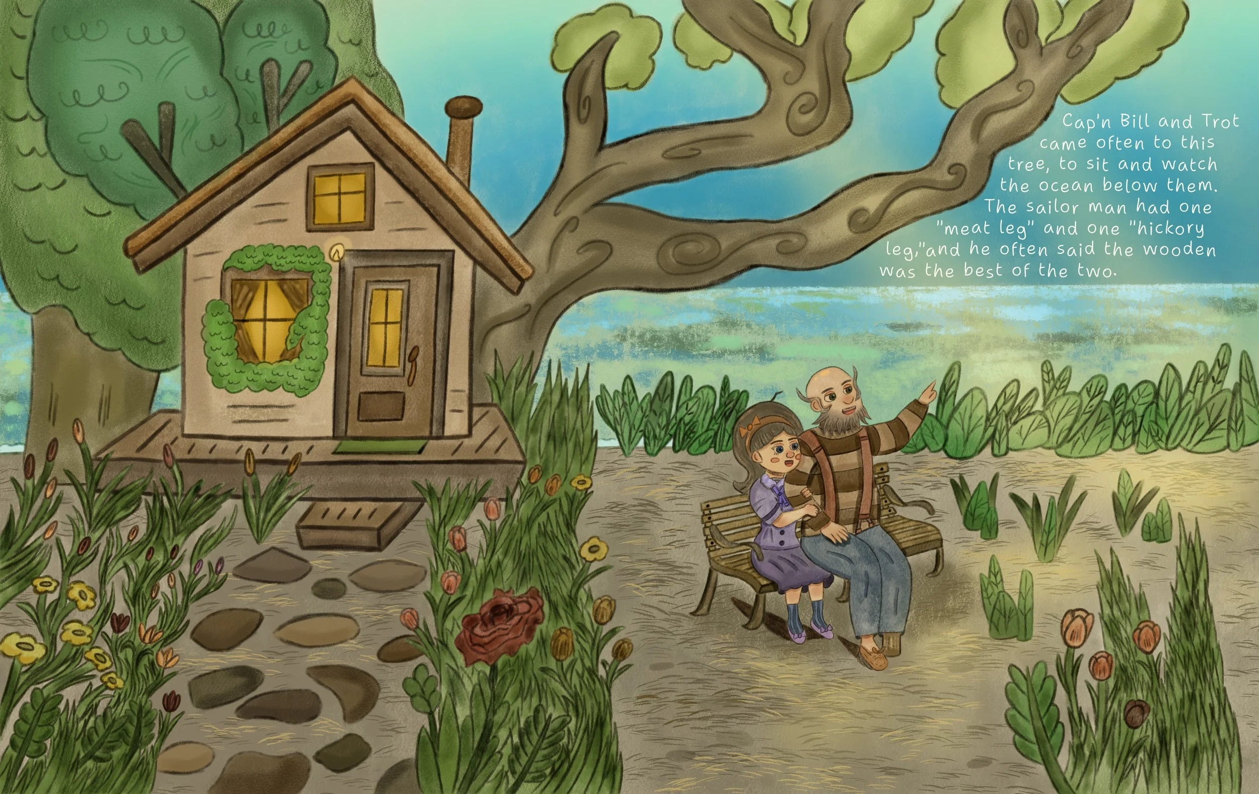 A colorful illustration of a house with a stone path leading to the door, surrounded by flowers and greenery, with a large tree extending over the scene. A man with a beard and a young girl are sitting on a bench beneath the tree, with the man pointi