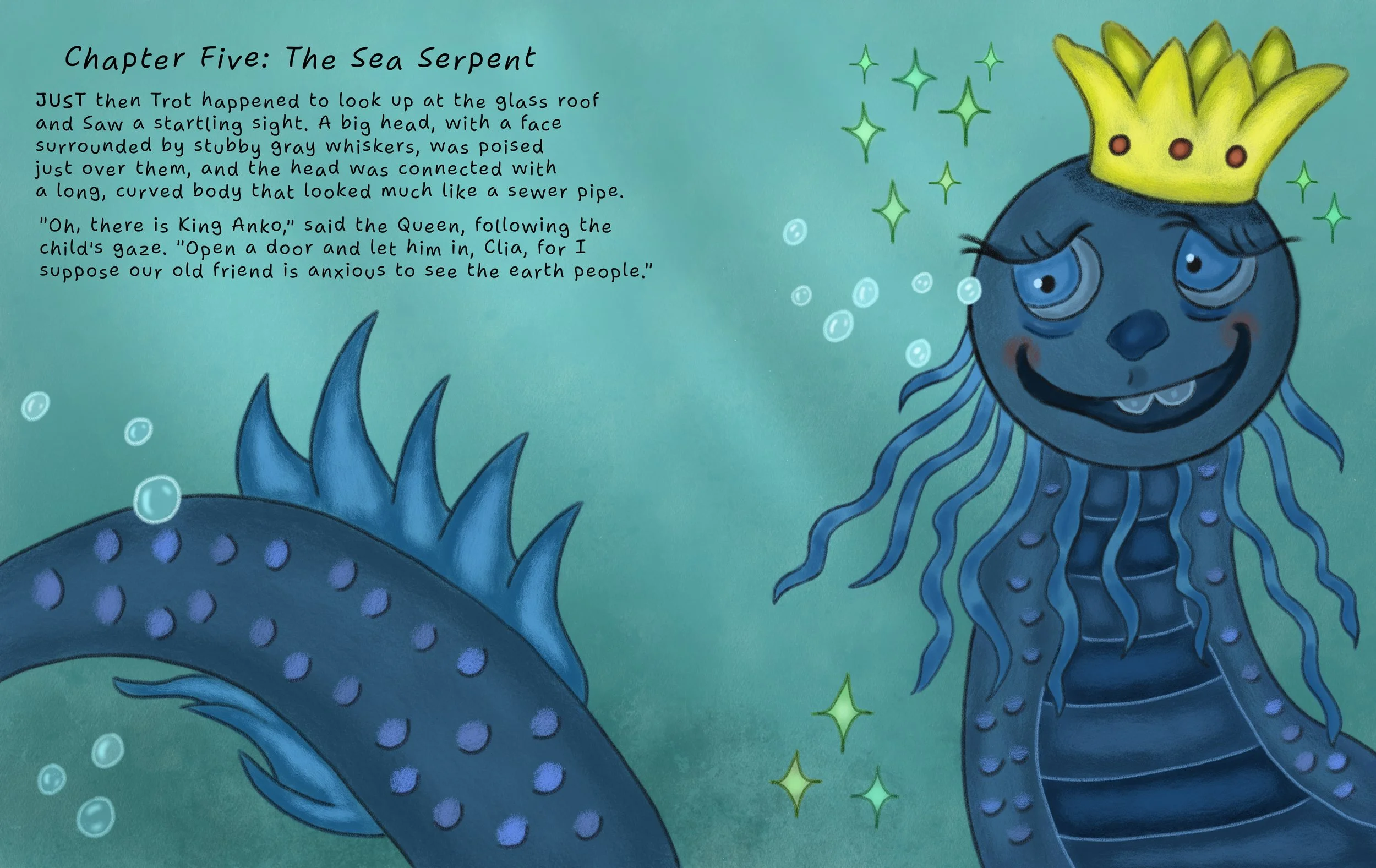 Illustration of the Sea Serpent character from a children's book, with a big head, a face surrounded by gray whiskers, and a long, curved body with blue and purple details. The sea serpent is wearing a yellow crown with red dots and has a friendly ex
