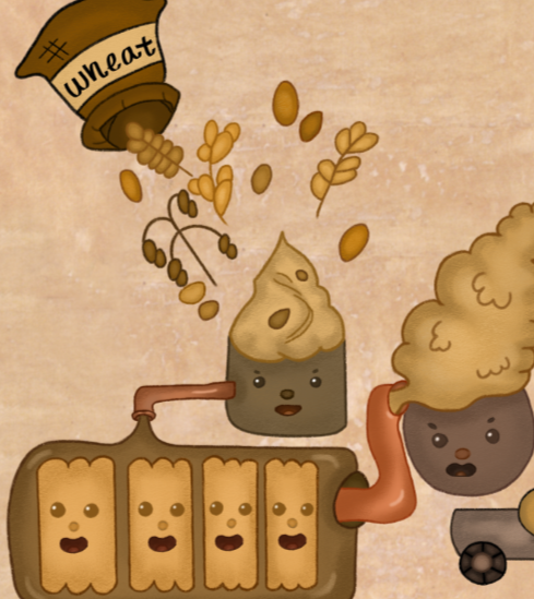 Illustration of various breakfast foods with animated faces, including toast, a syrup bottle pouring syrup, a piece of bread with a dollop of peanut butter, a waffle, fried eggs, and a biscuit, all with expressive faces on a beige background.