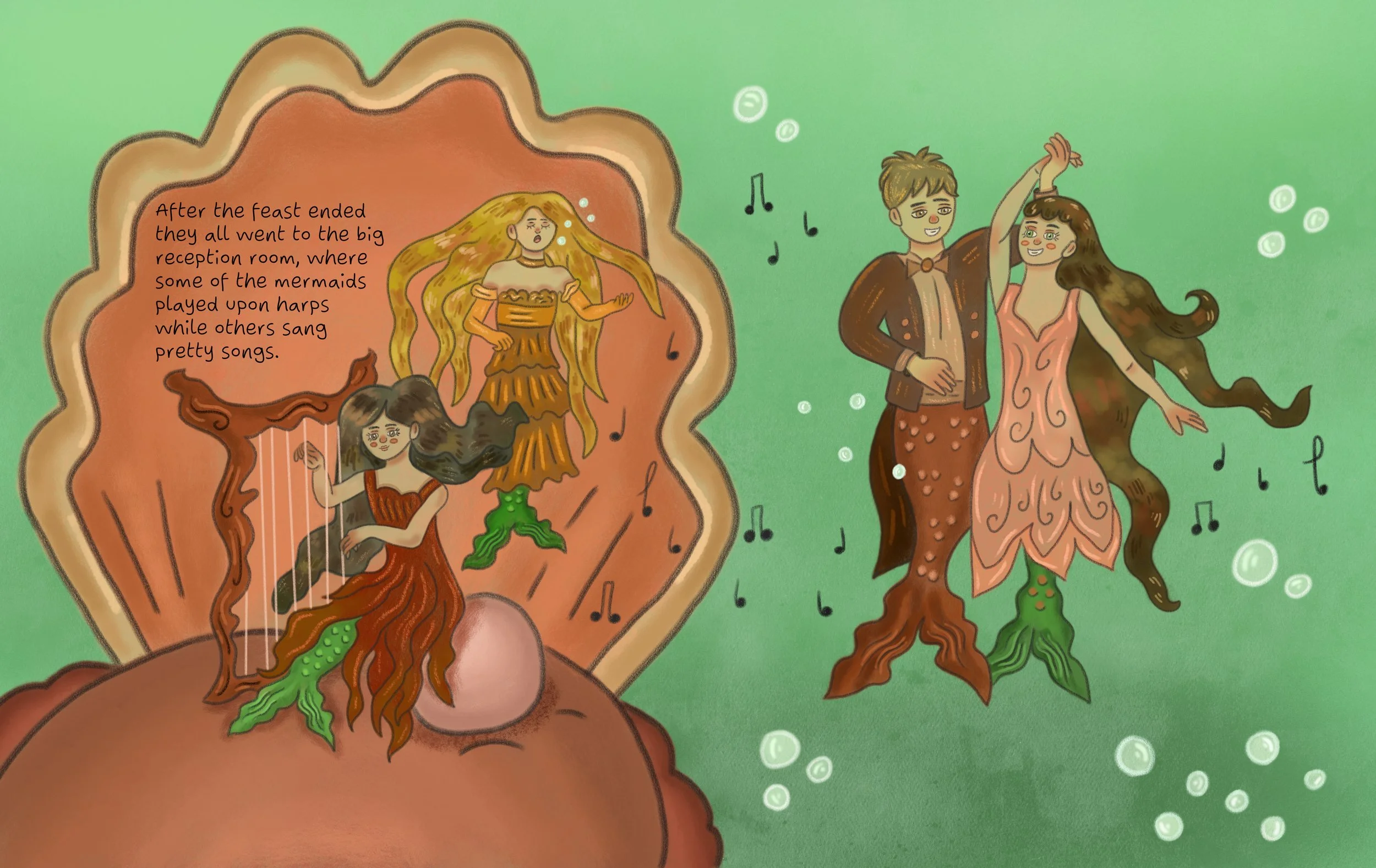 An illustration of two mermaids dancing underwater. The mermaid on the left is enclosed in a shell-shaped frame with a text box that reads, 'After the feast ended they all went to the big reception room, where some of the mermaids played upon harps w