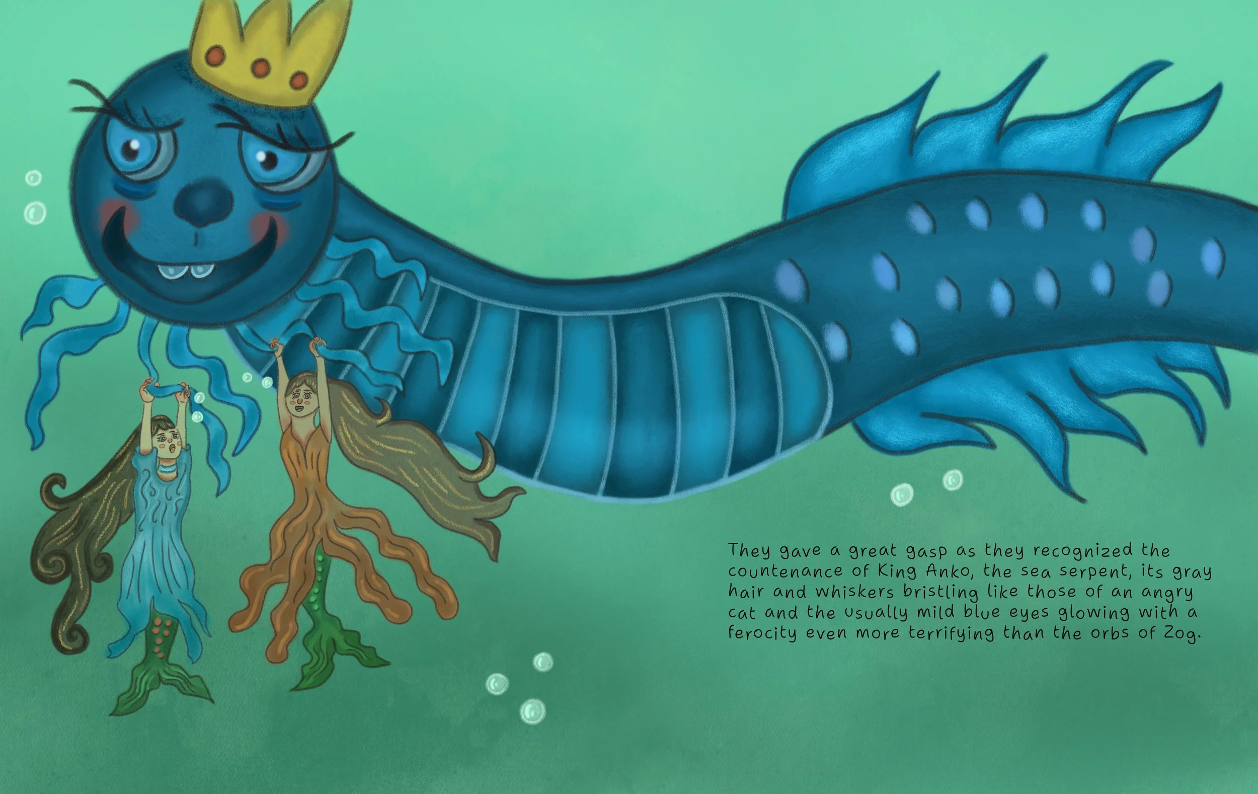 A blue sea serpent with a crown on its head, smiling and hovering underwater. Two young women with long, flowing hair and mermaid tails are holding onto the serpent's lower fins. The background is greenish. There is a paragraph of text describing the