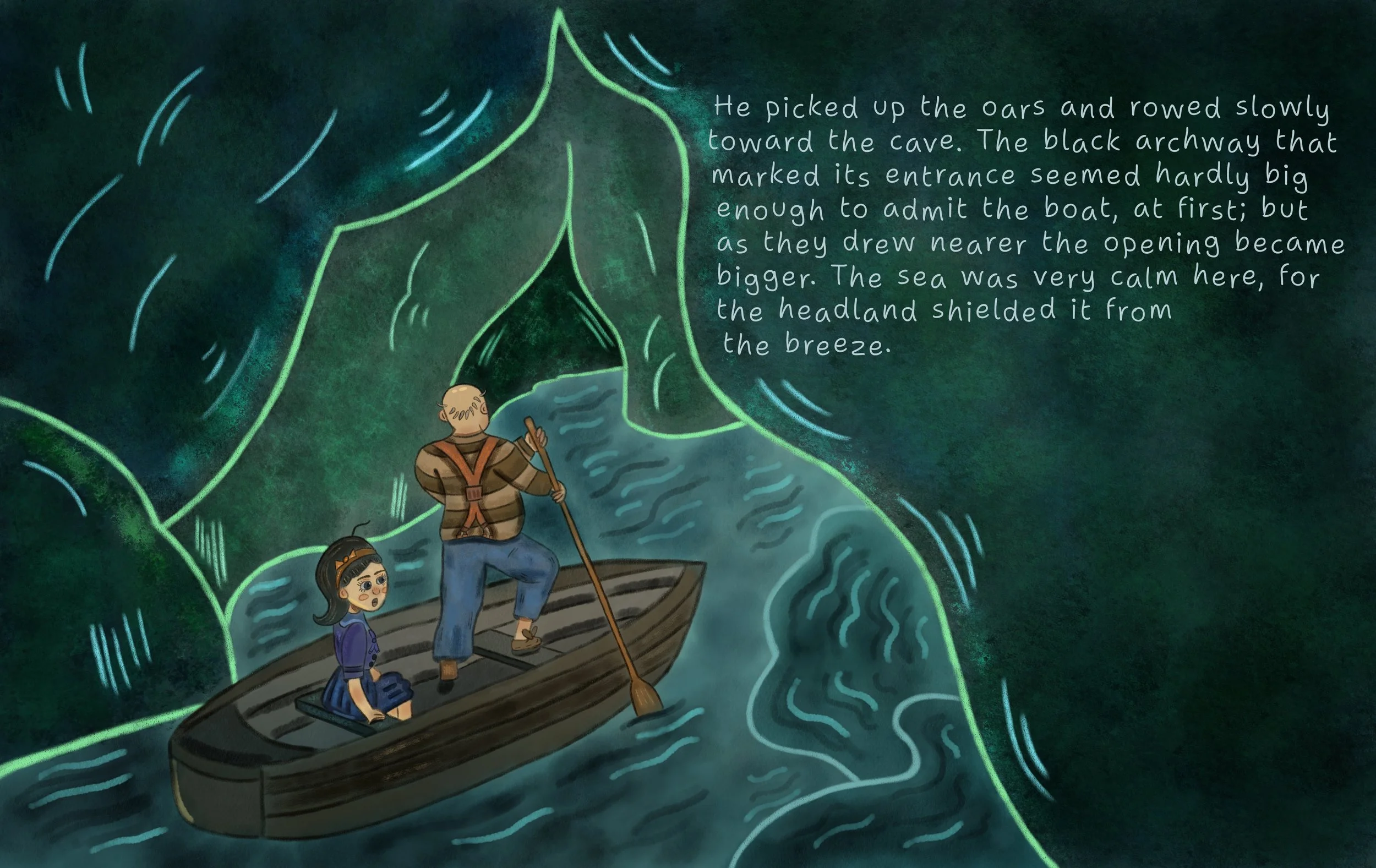 An illustration of an older man and a young girl in a small boat inside a dark, glowing cave. The man is standing, paddling with a stick, while the girl is sitting. The cave walls are glowing with neon-like outlines, and there is a paragraph of text 