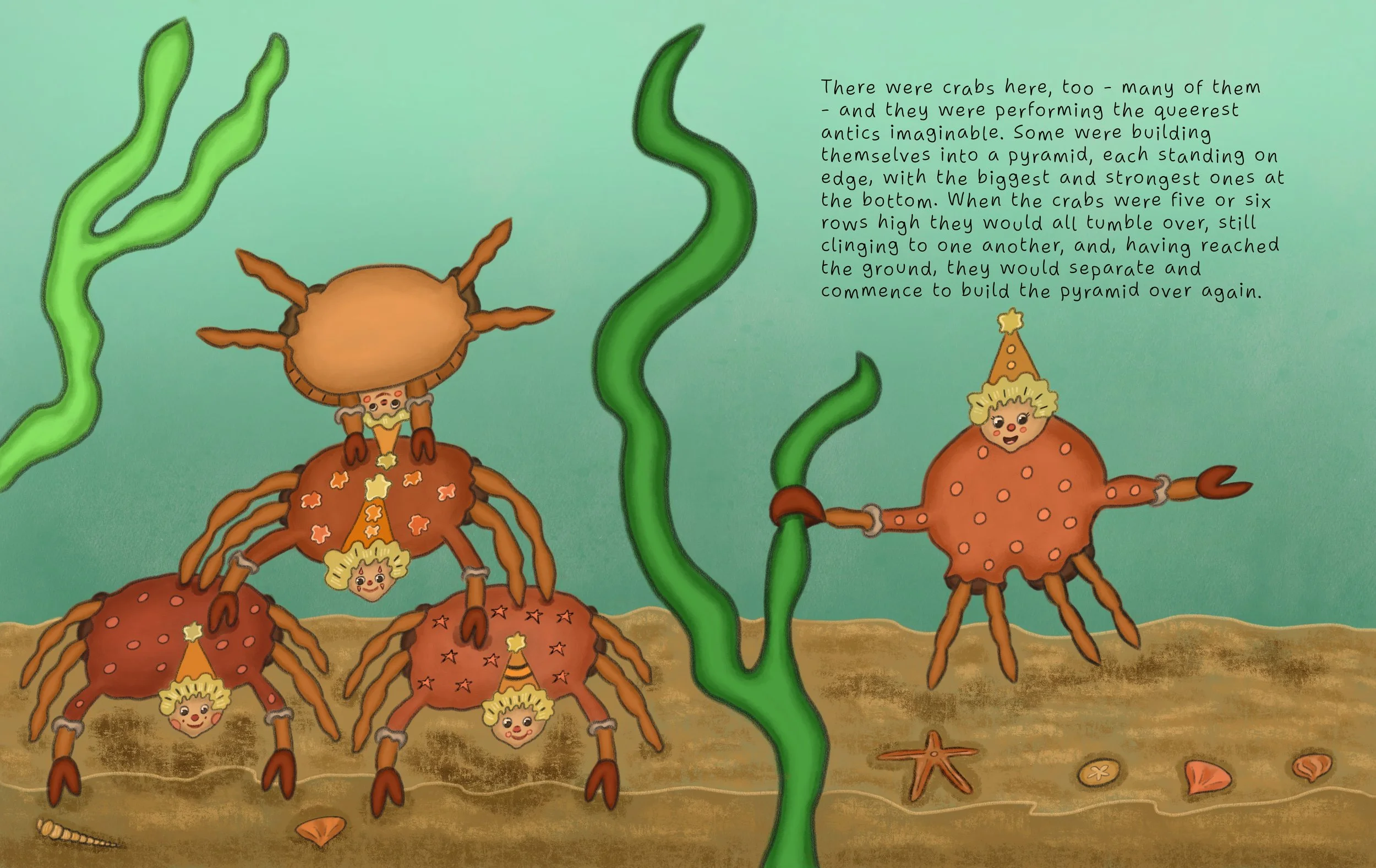 Illustration of crabs with human faces, some building pyramids, under seaweed, with a background of blue-green water and seabed with seashells and starfish; one crab wearing a party hat.
