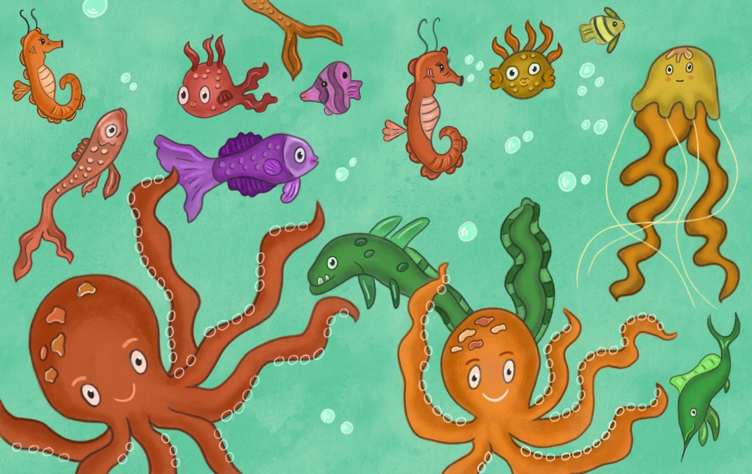  underwater scene featuring smiling octopuses, seahorses, fish, squid, jellyfish, and various sea creatures swimming among bubbles.