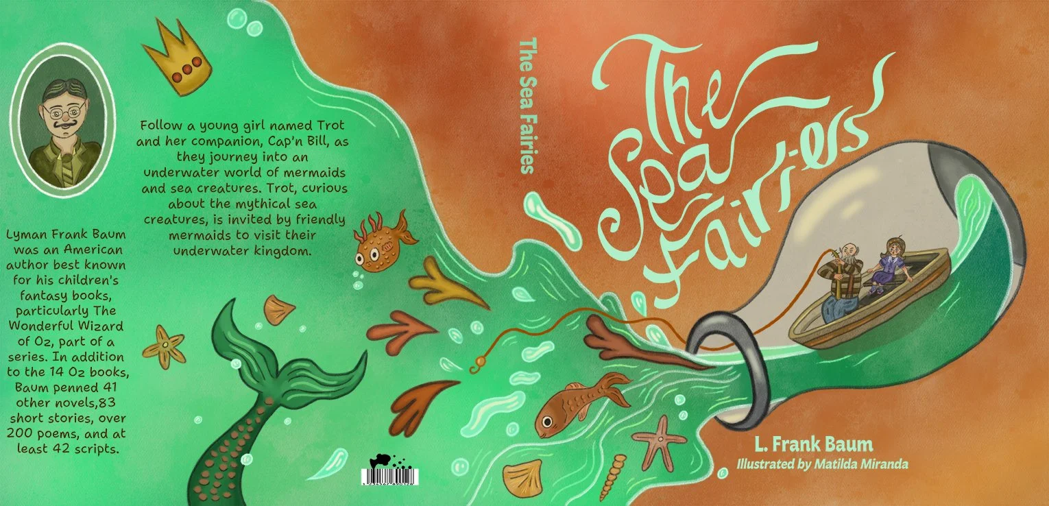 book cover from the children's book "the sea fairies" featuring old man and young girl in boat inside of bottle exploding open with ocean water. Within the water is seaweed, fish, mermaid tail, and bubbles.