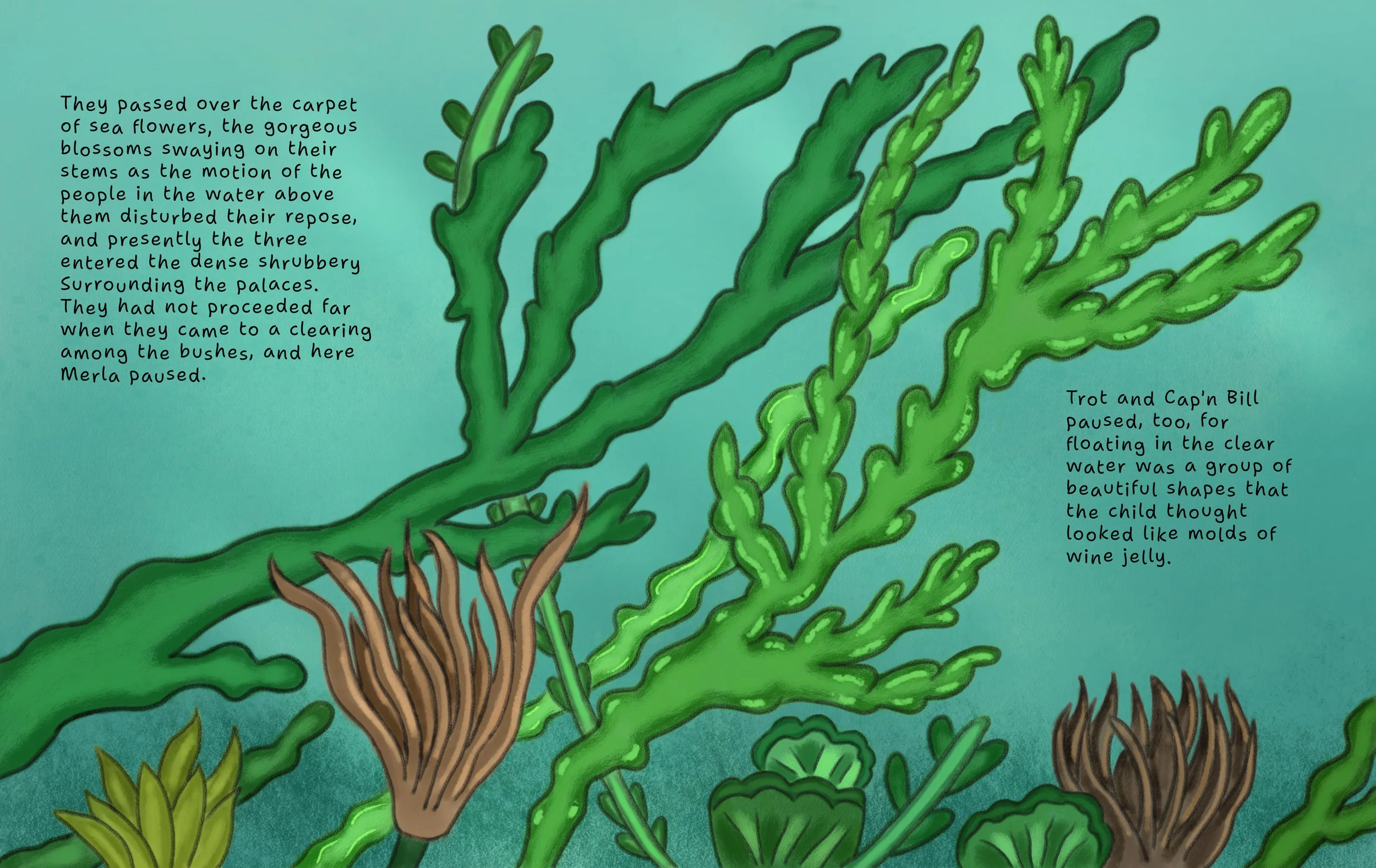 Illustration of underwater seaweed and marine plants with accompanying text describing sea life and aquatic plants.