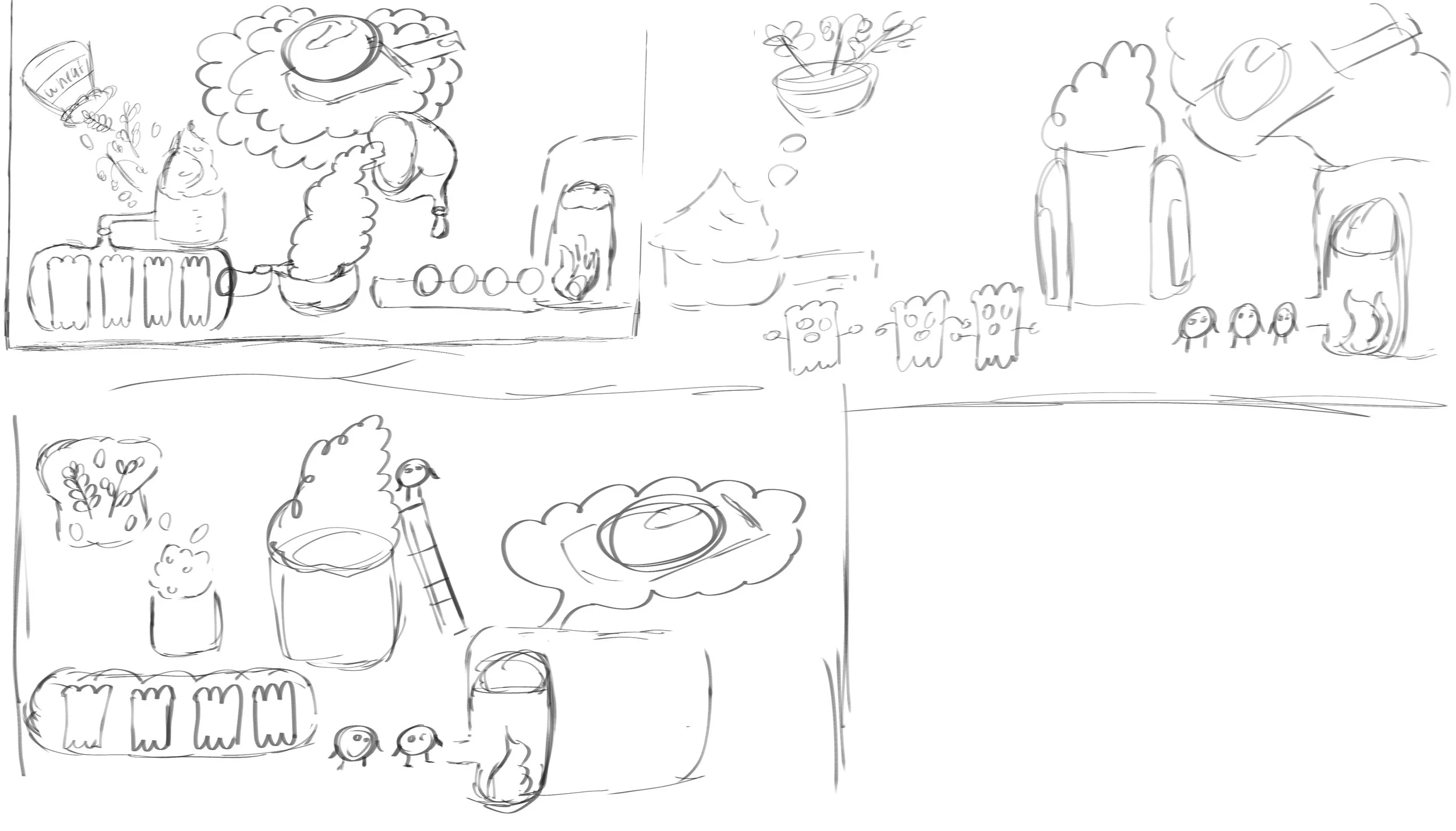 Sketch of a brewing process with a person pouring ingredients into a large mixing container, surrounded by jars, bowls, and various kitchen utensils. Additional tiny characters are nearby, and there are abstract representations of plants, a plate, and a beverage.
