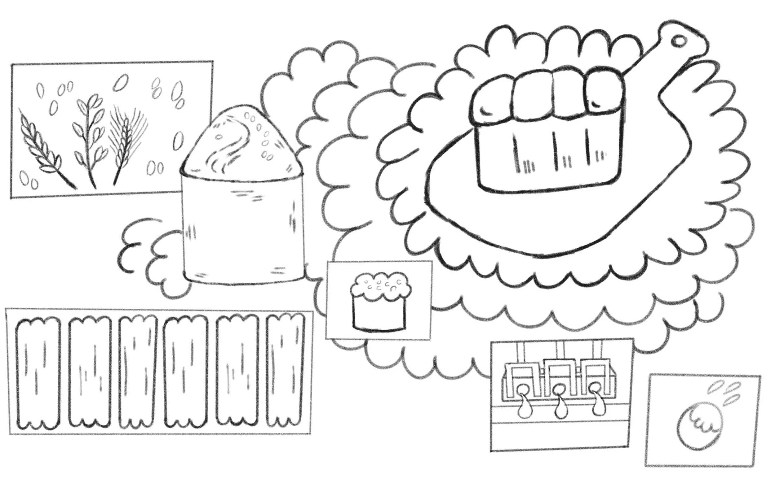 Black and white drawing of various beer-related items including hops and wheat, a frothy beer glass, a beer mug, a barcode, a pint glass, a beer tap handle, and a label with a beer glass icon.