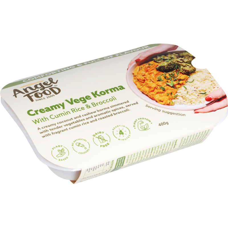 VEGE KORMA: Creamy coconut cashew korma with tender veges and aromatic spices, with cumin rice and roasted broccoli.
Plant-based, vegan, dairy-free. 
Click the product image to see ingredients and nutrition info.