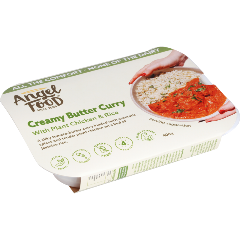 CREAMY BUTTER CURRY: Plant-based chicken in a silky tomato-butter curry loaded with aromatic spices on jasmine rice.
Plant-based, vegan, dairy-free. 
Click the product image to see ingredients and nutrition info.