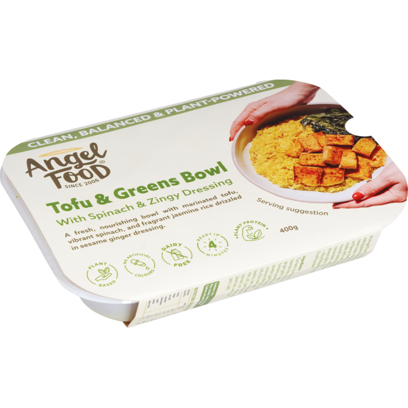 TOFU & GREENS: Fresh and nourishing with marinated tofu, vibrant spinach, fragrant jasmine rice and sesame ginger dressing.
Plant-based, vegan, dairy-free. 
Click the product image to see ingredients and nutrition info.