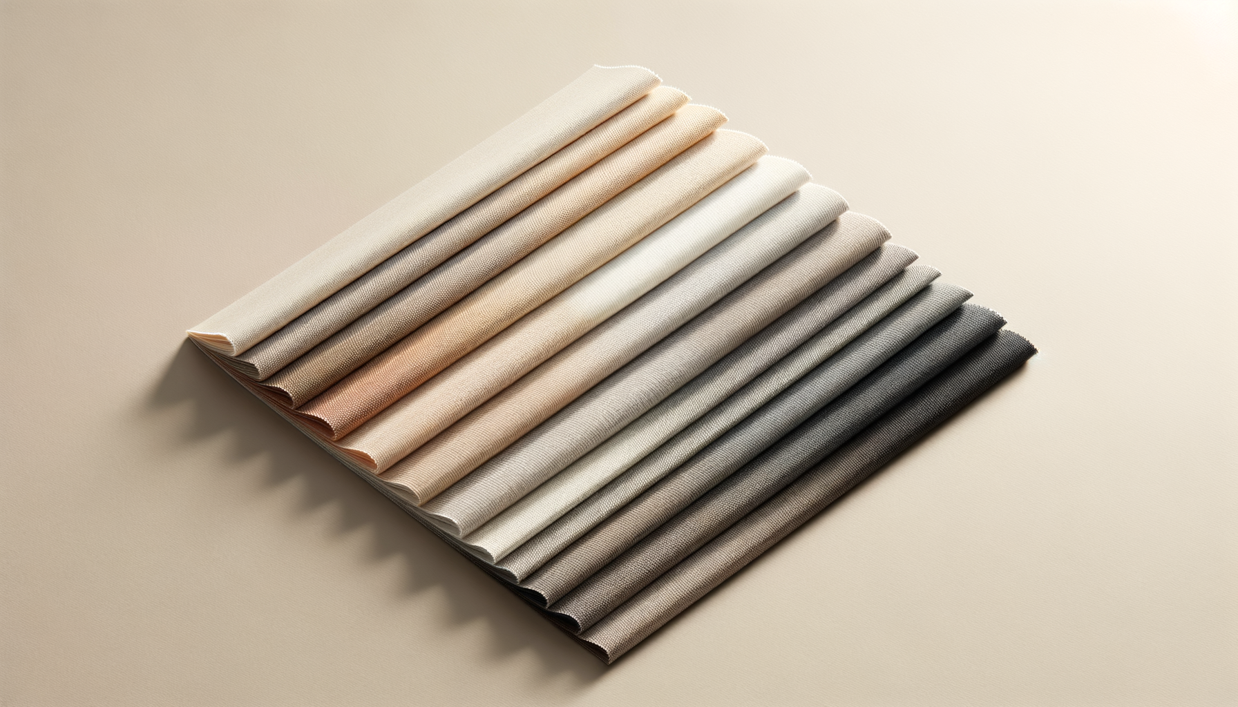 A collection of folded fabric swatches in neutral tones arranged in a gradient from light beige to dark gray.
