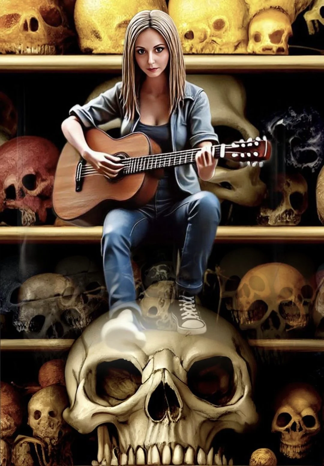 A woman sitting on a large skull playing an acoustic guitar, surrounded by shelves of skulls in a dark environment.